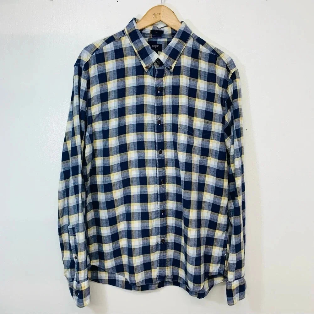 J Crew Shirt Men XL Slim  Blue Plaid Homespun Cotton Long Sleeve Casual Workwear